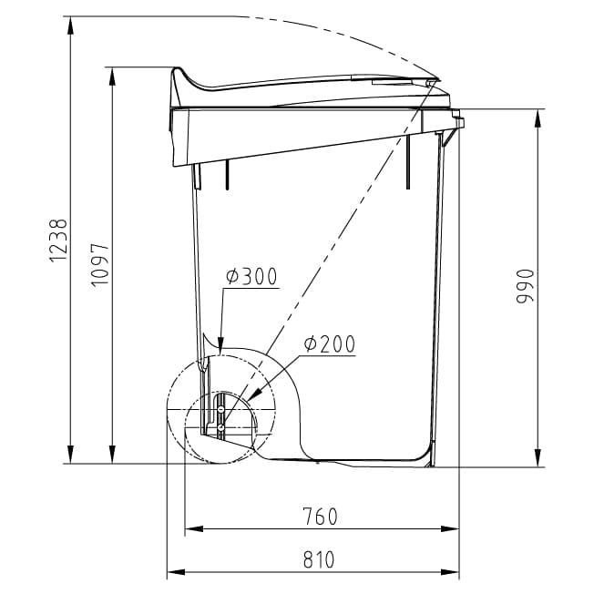 Croquis dimensional del contenedor de 360 litros en vista lateral