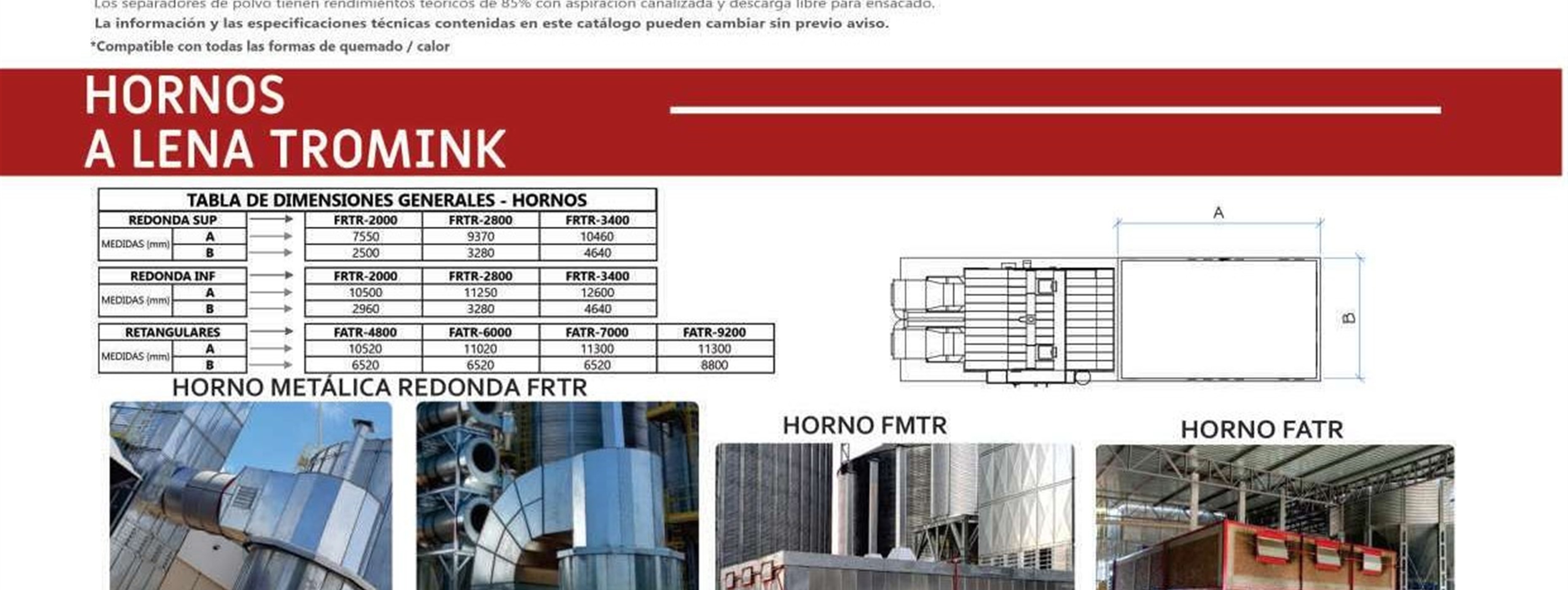 Hornos a lena Tromink con tabla de dimensiones, croquis y fotos de instalaciones