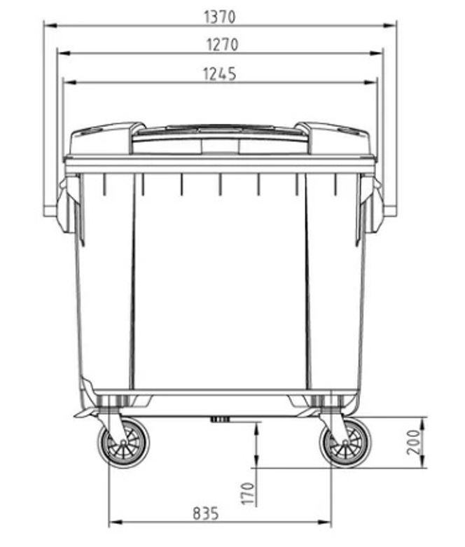 Detalle frontal de contenedor de 1100 litros