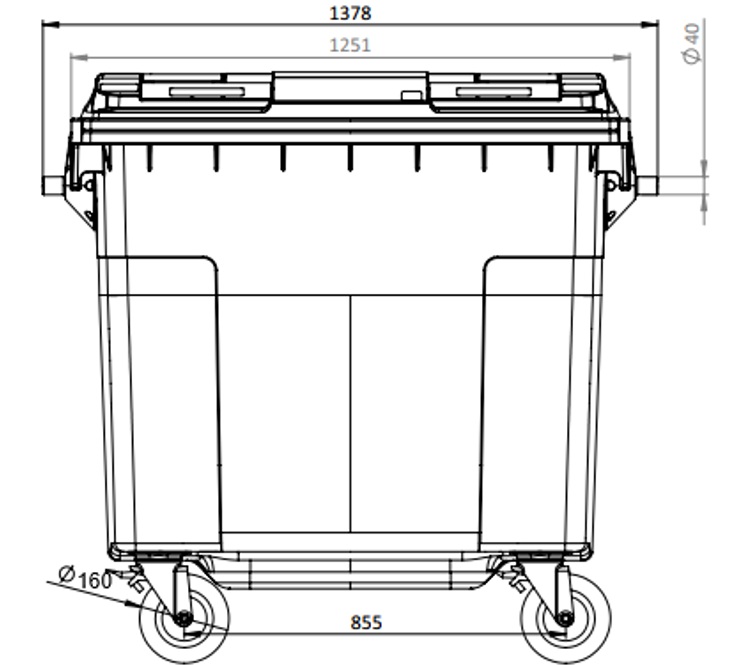 Detalle frontal de contenedor de 770 litros