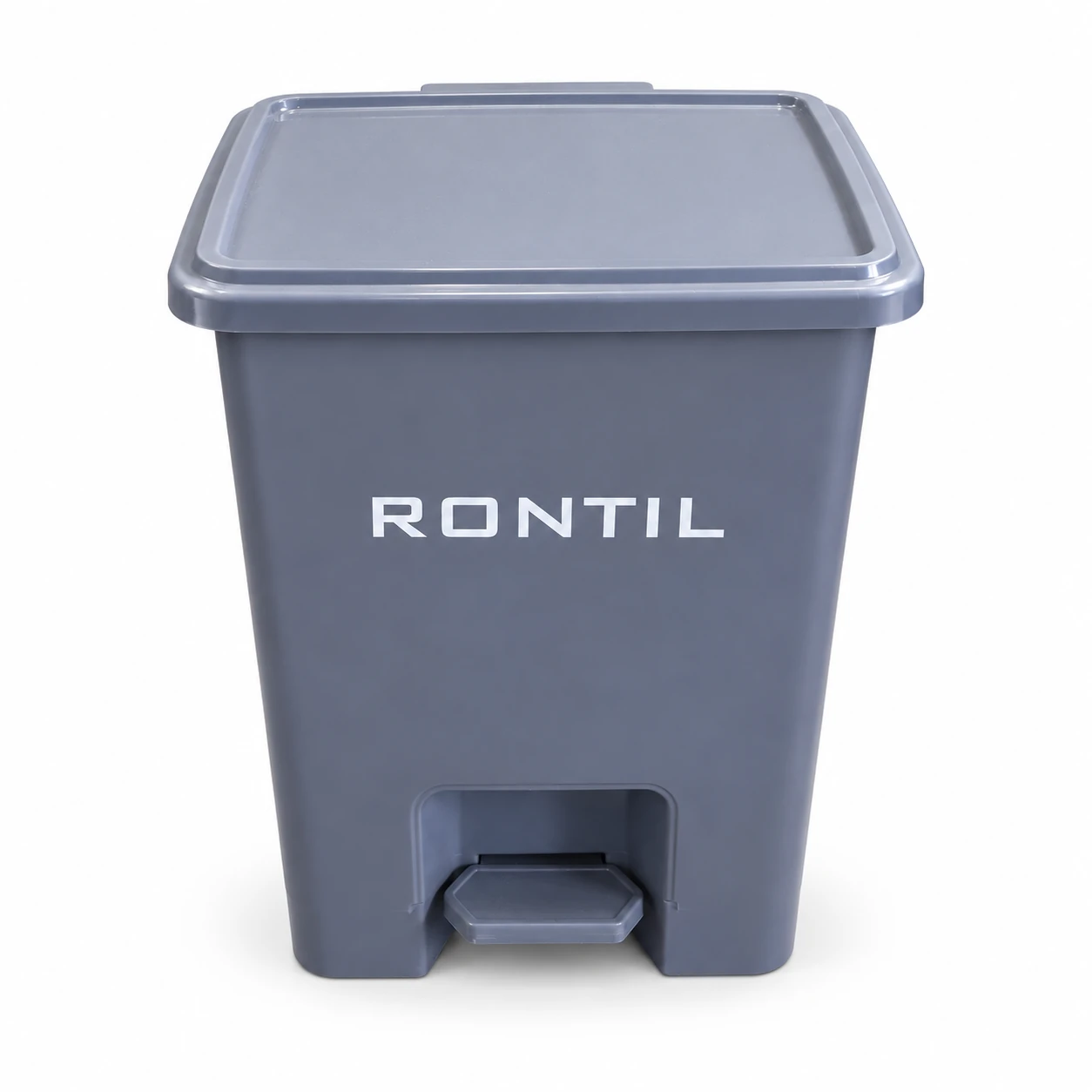 Papelera rectangular gris con pedal y logo Rontil: fotografía de referencia del modelo de 15 y 25 litros